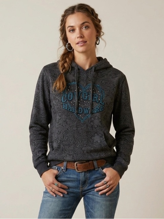 Cowgirl Hardware Tops - Cowgirl Hardware Black Grey Paisley Hoodie Blue Logo Rhinestones Bling Heart M